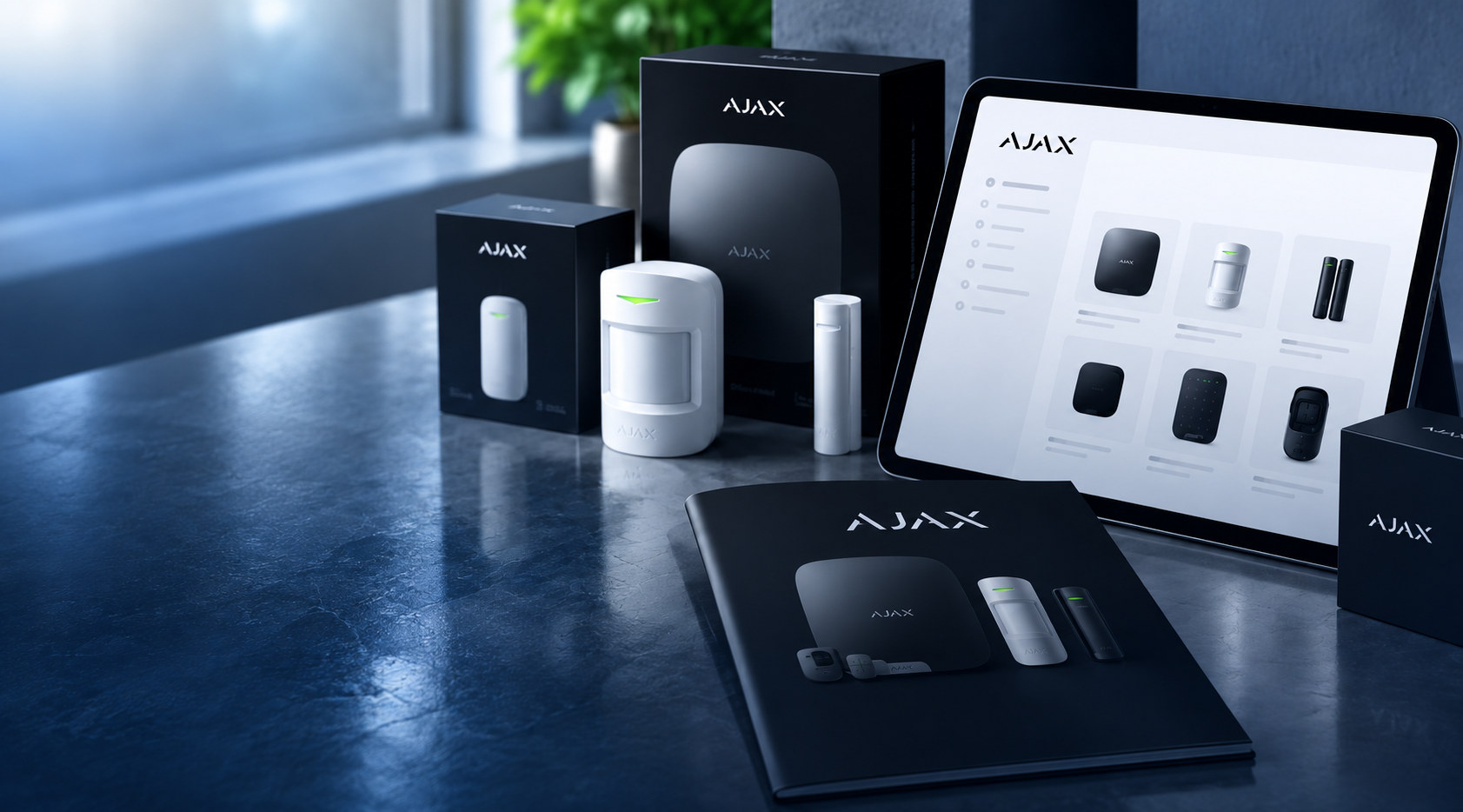 Ajax Produktverpackungen, gedruckter Katalog und Tablet mit Produktübersicht